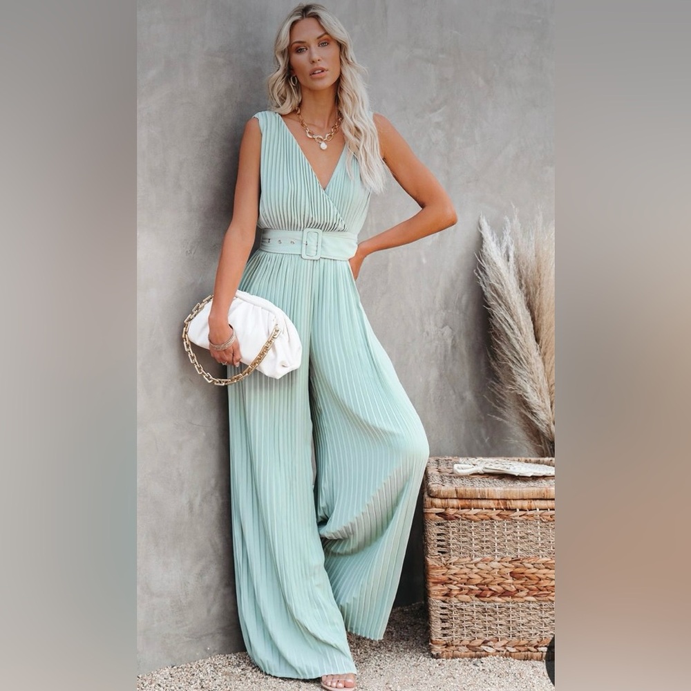 High Tea Pleated Wide Leg Belted Jumpsuit - Sage